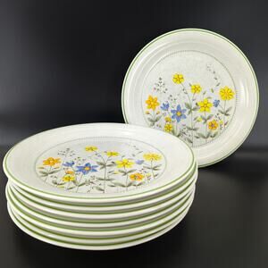 Nikko Mountain Meadow Dinner Plates Stoneware Green Floral 1970s MCM Set 8 FLAW